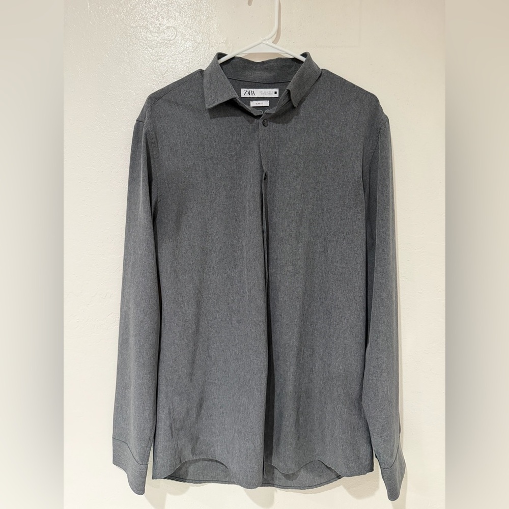 Zara Charcoal Gray Button Up Long Sleeve Slim Fit Shirt size L